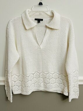Ann Taylor Ivory Open Knit Collared Pullover Sweater Crochet Petite Small